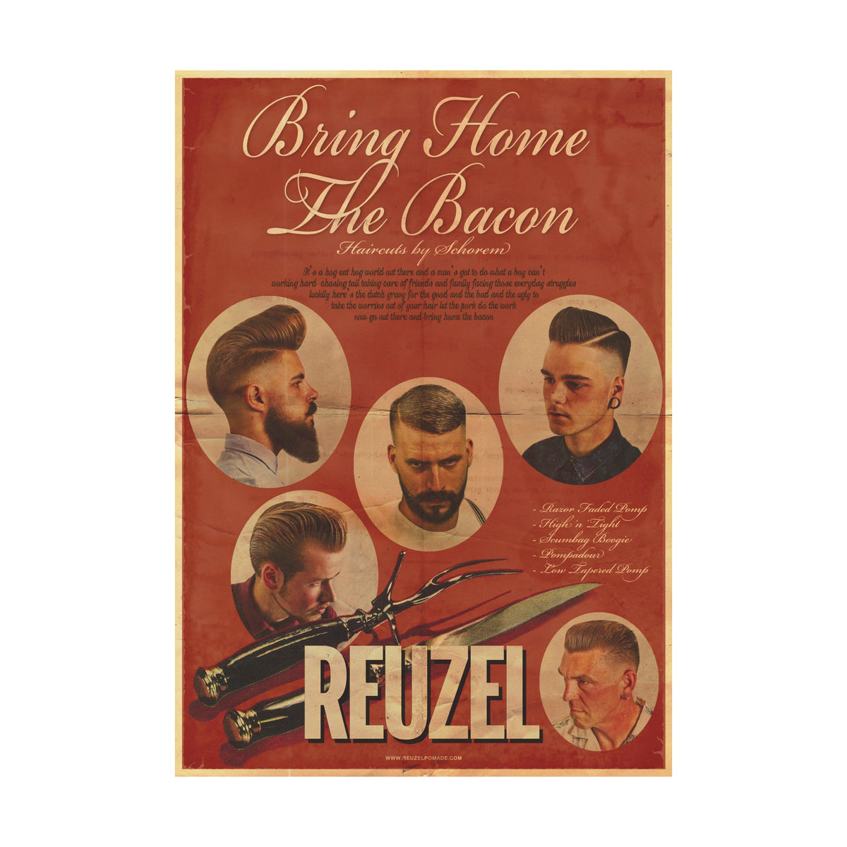 Reuzel Bring Home The Bacon poster featuring bold text design, ideal for grooming and barber shop decor.
