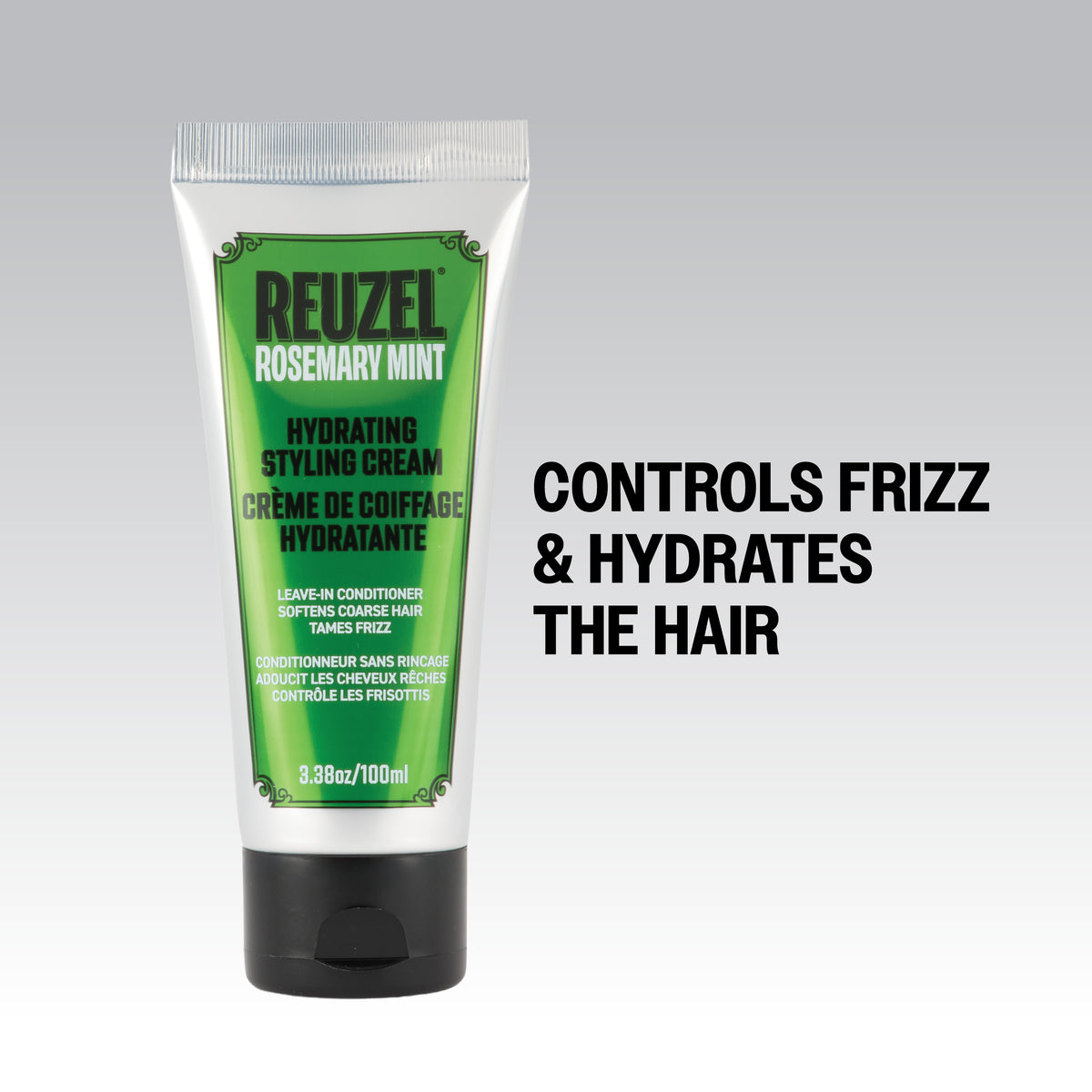 Reuzel Hydrating Styling Cream for hair, showing a tube of the hair styling product with a sleek design and soft texture.