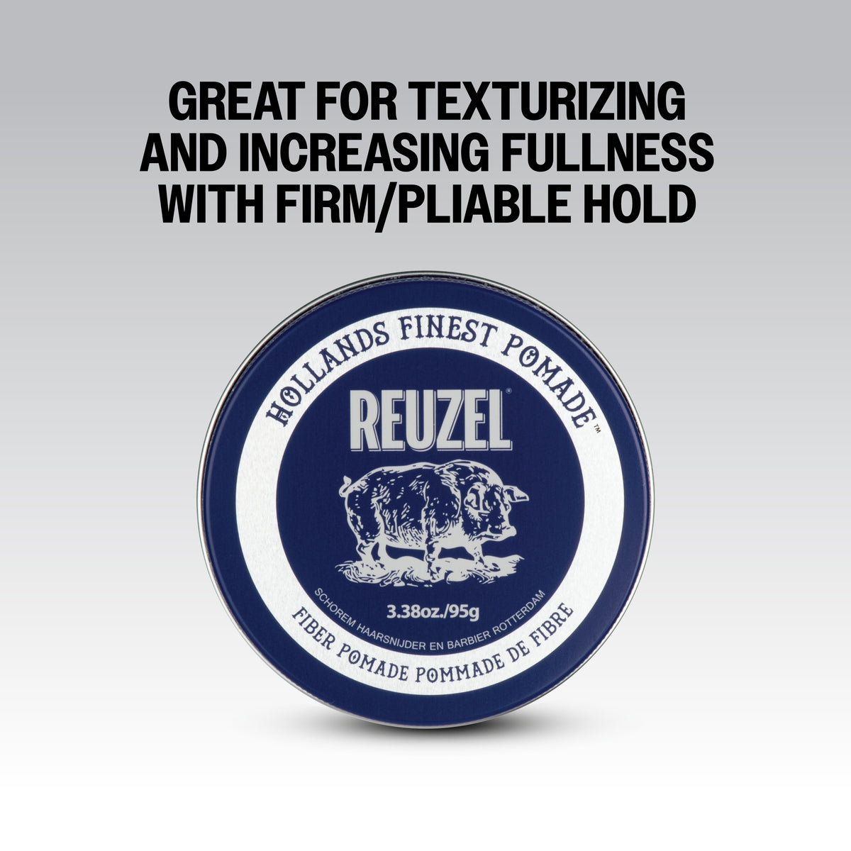 Reuzel Road Trip To Go Fiber Pomade jar with black lid and label, showing product details and branding.