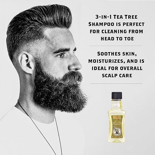 Reuzel 3-in-1 Tea Tree Shampoo, Conditioner & Body Wash bottle with label, designed for hair, scalp, and body cleansing.