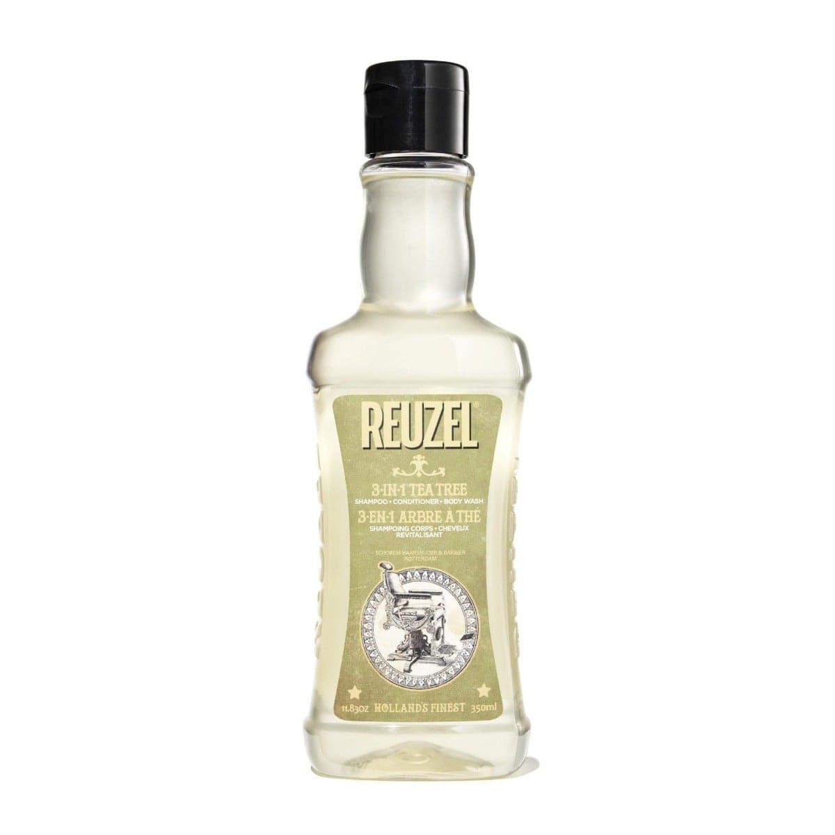 Reuzel 3-in-1 Tea Tree Shampoo, Conditioner & Body Wash bottle showing the label and product packaging.
