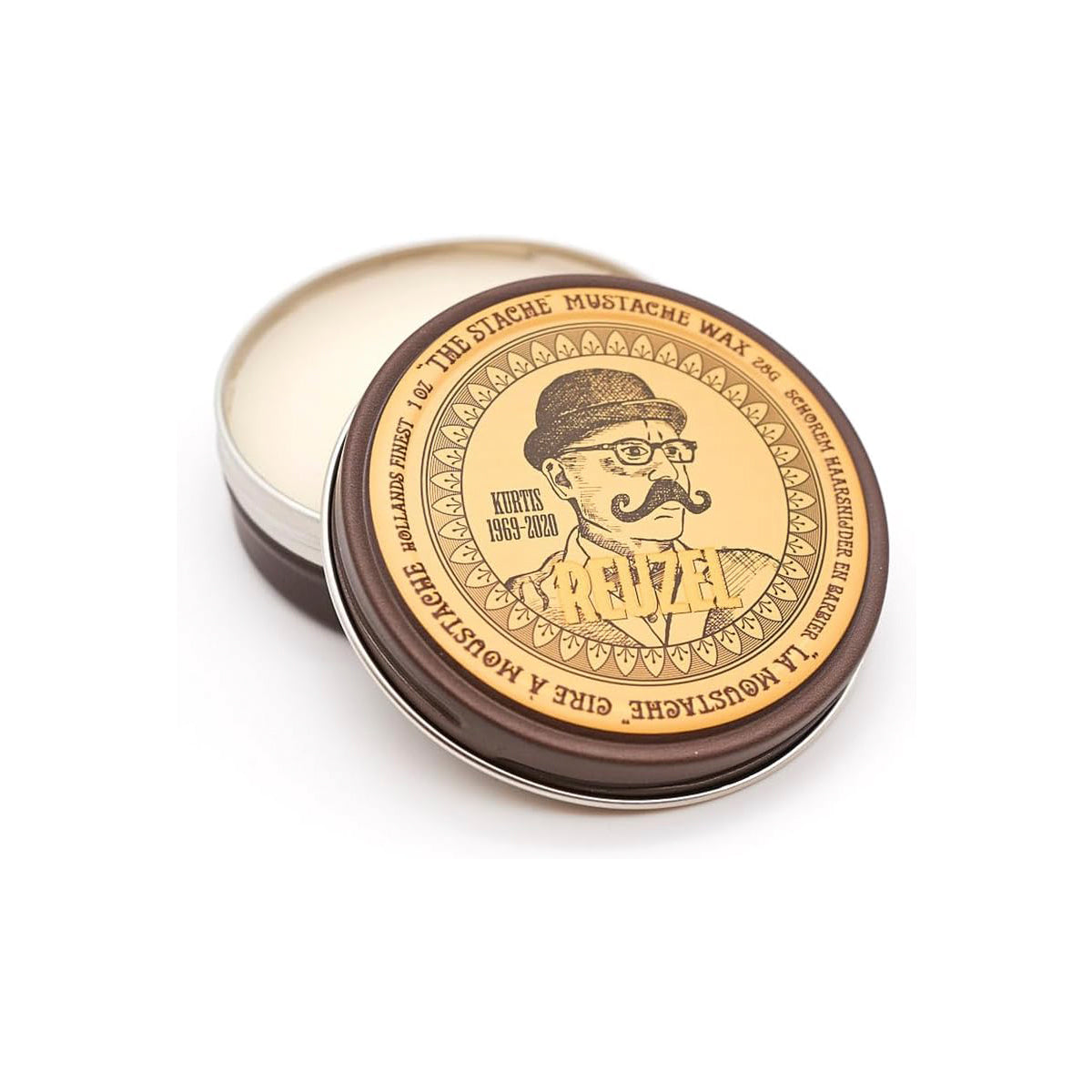 Reuzel Mustache Wax Bourbon Sidecar for shaping and styling facial hair, featuring a small tin with the wax visible inside.