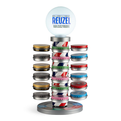Reuzel Barber Pole 2.0 rotating pomade display with illuminated LED Reuzel globe and red, white and blue pole, filled with 35 g and 95 g pomade tins
