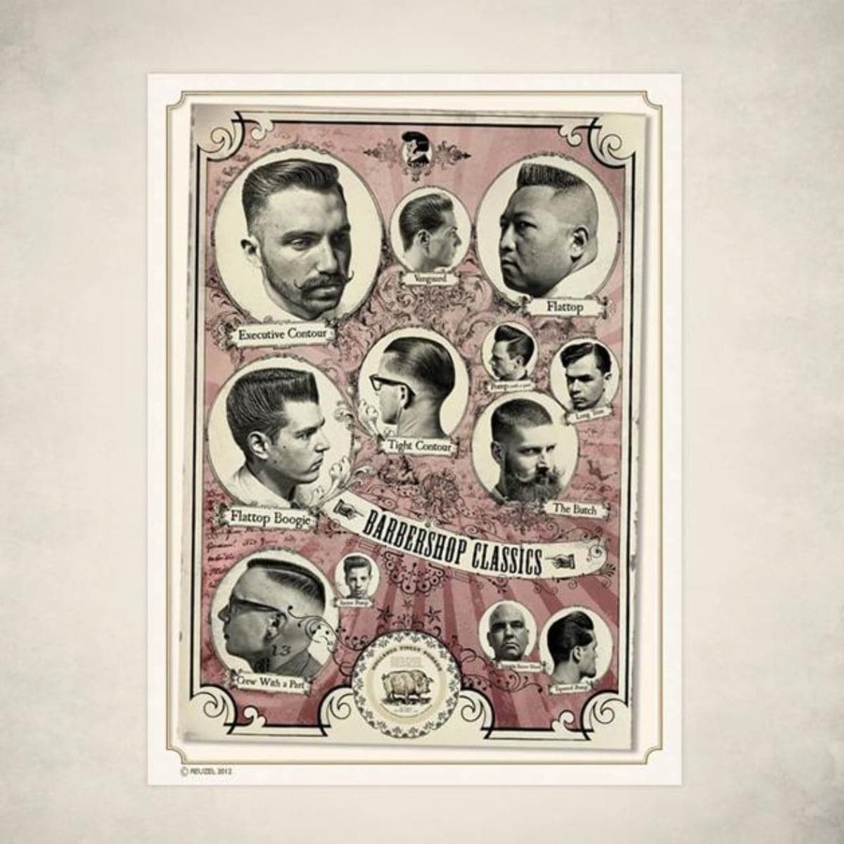 Reuzel Barbershop Classics poster featuring vintage barber tools and classic grooming imagery for wall decor.