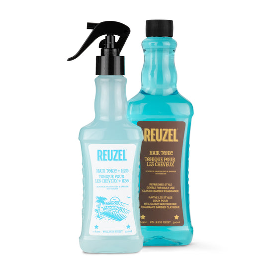Reuzel spray bottle and hair tonic for styling, featuring a sleek design and professional hair care product.