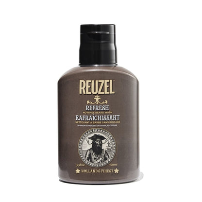 Reuzel Refresh No Rinse Beard Wash in 100ml bottle, beard grooming product with clear liquid and pump dispenser.