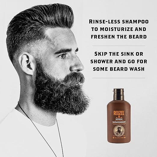 Reuzel Refresh No Rinse Beard Wash in a bottle, designed for clean, fresh beard grooming with natural ingredients.