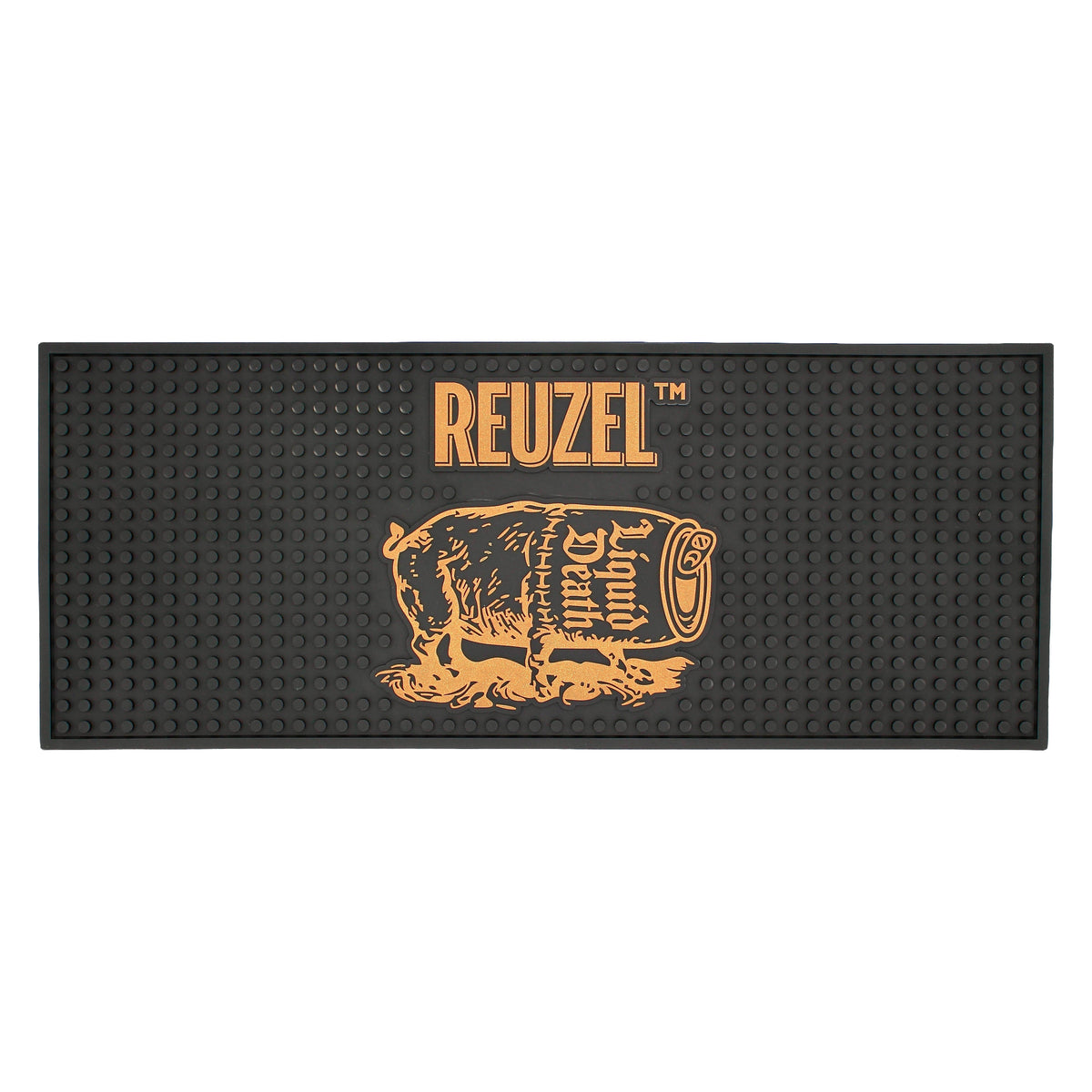 Reuzel Liquid Death Barber Mat featuring a graphic severed head design, made for barbers to protect workspaces.