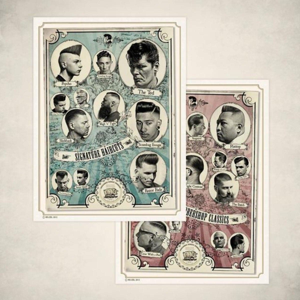 Reuzel Barbershop Classics poster set featuring vintage-inspired graphics for barber shop decor.