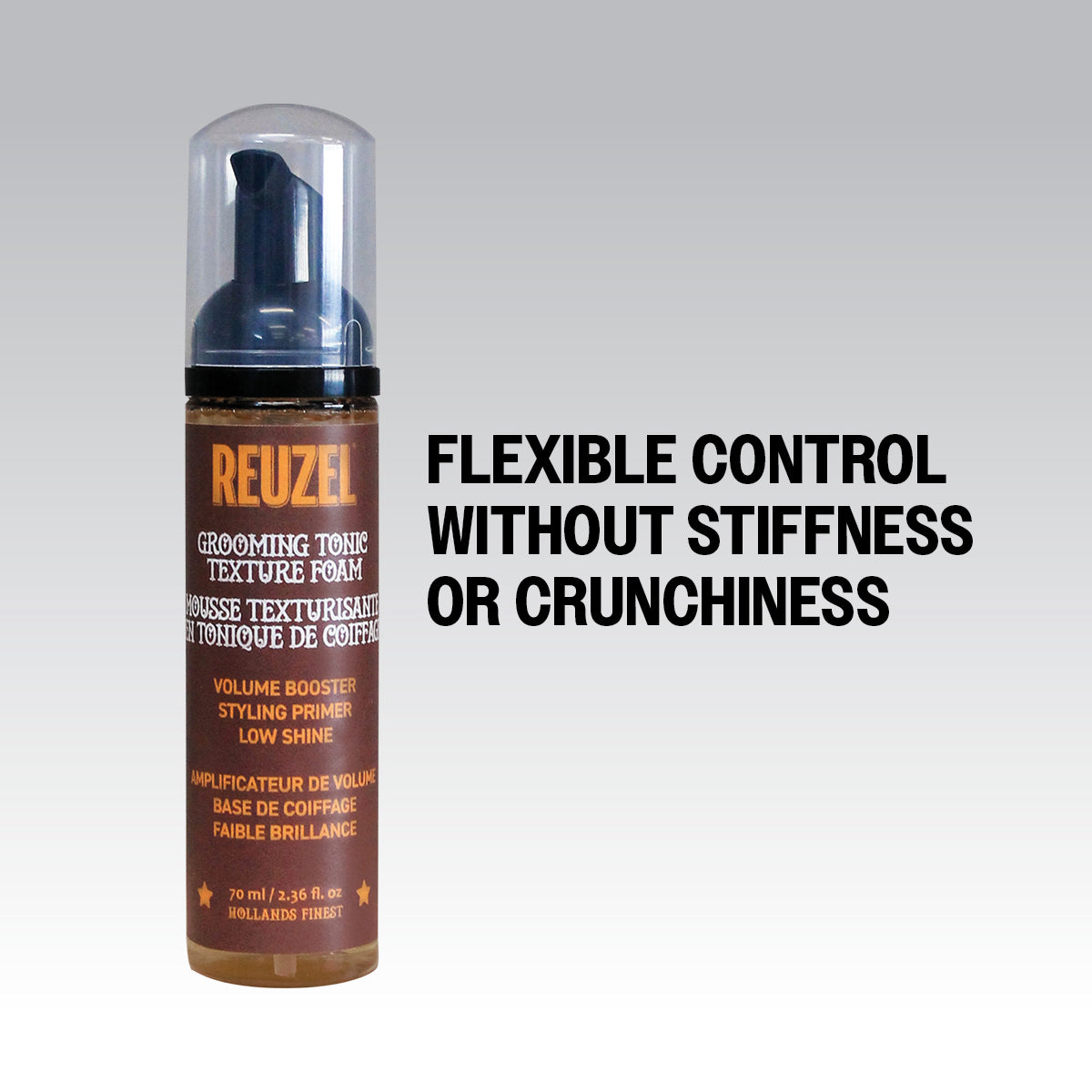 Reuzel Grooming Tonic Texture Foam for hair styling, showing the foam product in a clear display with a pump dispenser.