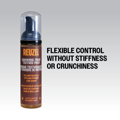 Reuzel Grooming Tonic Texture Foam for hair styling, showing the foam product in a clear display with a pump dispenser.