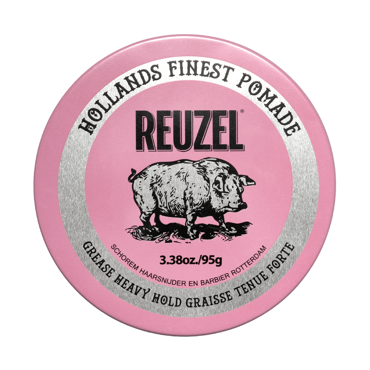 Reuzel Pink Pomade Grease jar with pink label and lid, showcasing the classic styling product in a close-up shot.