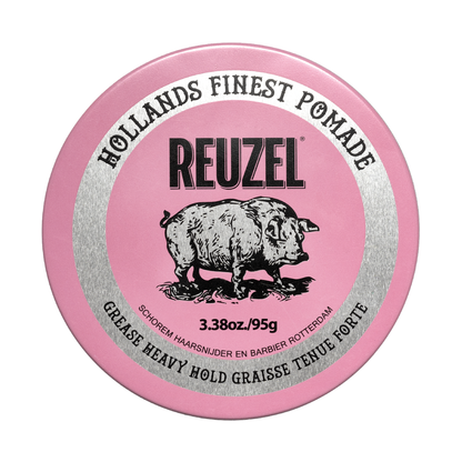 Reuzel Pink Pomade Grease jar with pink label and lid, showcasing the classic styling product in a close-up shot.