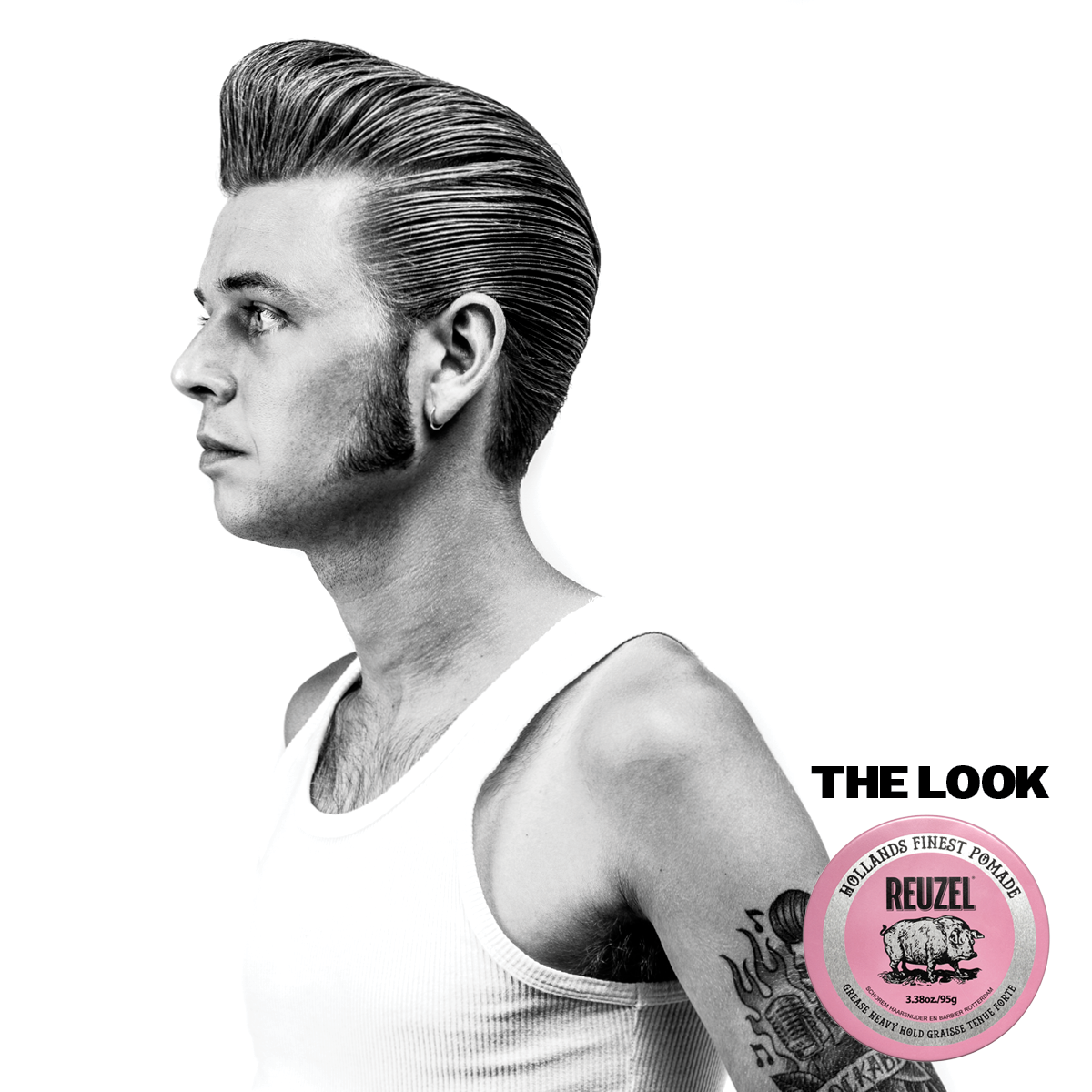 Reuzel Pink Pomade grease jar with a pink lid and label, showcasing the hair styling product on a plain background.