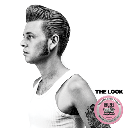 Reuzel Pink Pomade grease jar with a pink lid and label, showcasing the hair styling product on a plain background.