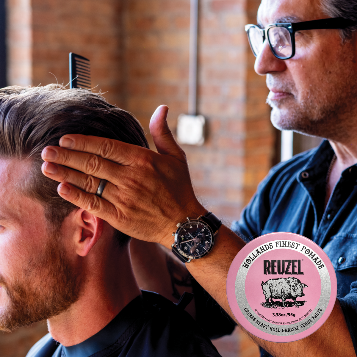 Reuzel Pink Pomade Grease jar showing smooth, pink-colored pomade in a classic container for styling hair with shine.