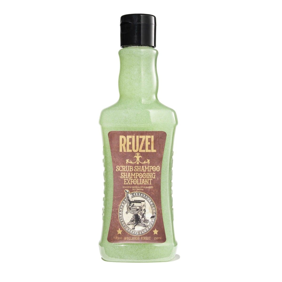 Green shampoo bottle with brown label featuring Reuzel branding on a white background