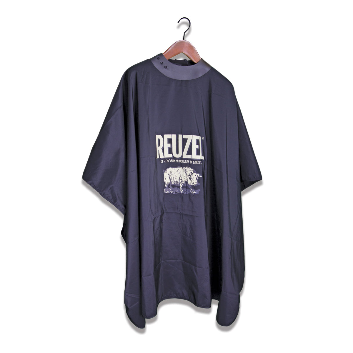 Reuzel Salon Super Cape, a professional hairdressing cape with adjustable neck closure, designed for salon use.