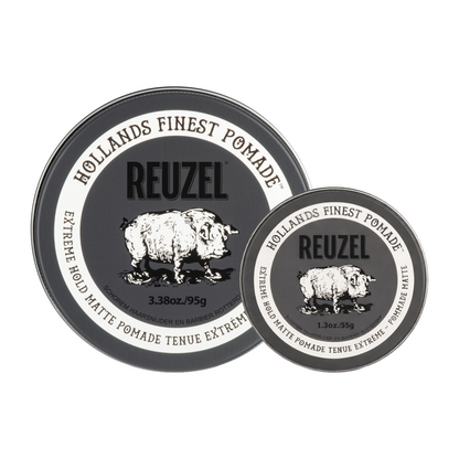 Reuzel Road Trip To Go Extreme Hold Matte Pomade jar with black label, designed for strong hold and matte finish styling.