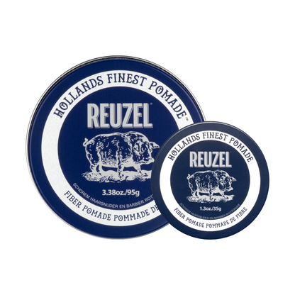 Reuzel Road Trip To Go Fiber Pomade jar with label, showcasing a hair styling product in a compact container.