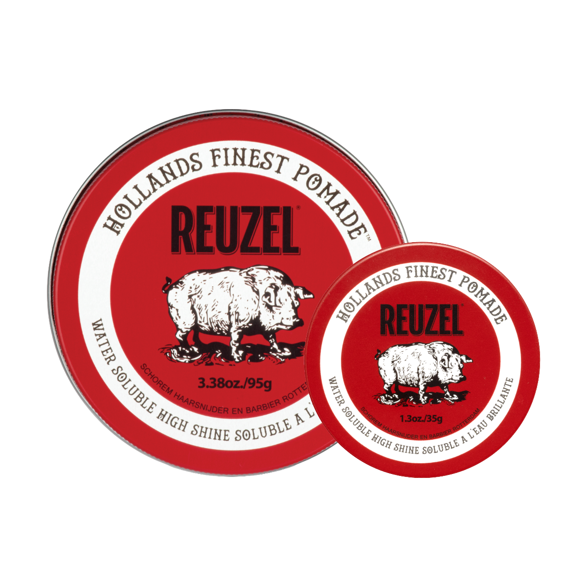 Reuzel Road Trip To Go Red Pomade jar with its label and red lid, ideal for styling hair on the go.